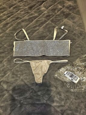 NWT Victoria's Secret Crystal Bandeau Crop Top & Thong Set -  Silver